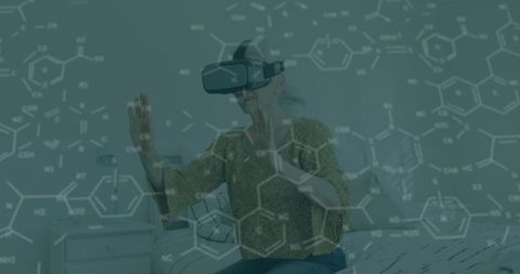 Woman Using VR Headset with Molecular Overlay in Cozy Bedroom