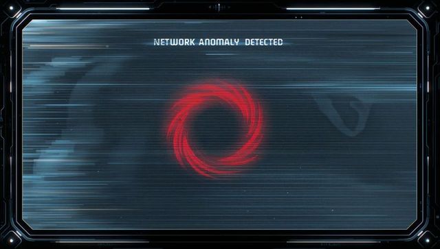 Red vortex network anomaly alert on futuristic high-tech console interface