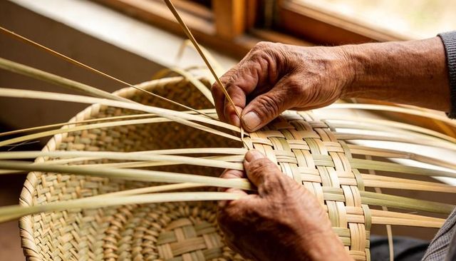 Weaving senior artisan hands interlacing reed strips into handmade woven basket by window