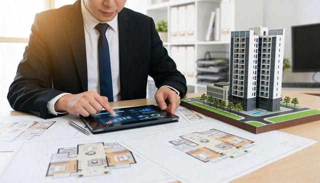 Architect reviewing tablet analytics with high-rise scale model and building blueprints