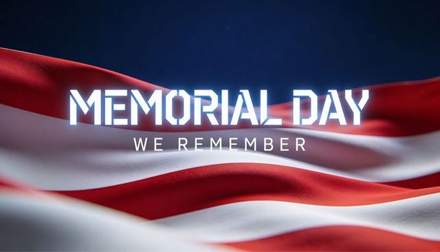 Memorial day tribute with glowing typography over waving red and white flag