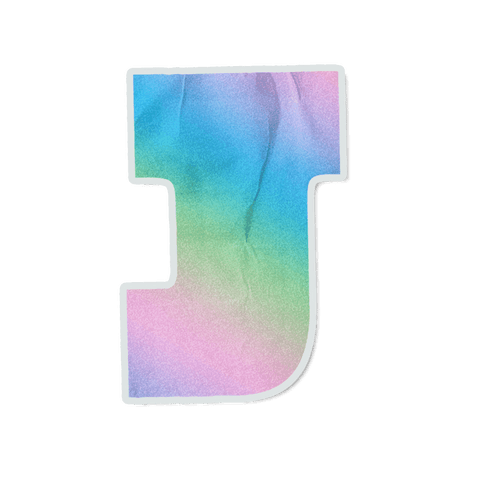 Transparent watercolor letter j sticker with pastel gradient, paper folds and white outline