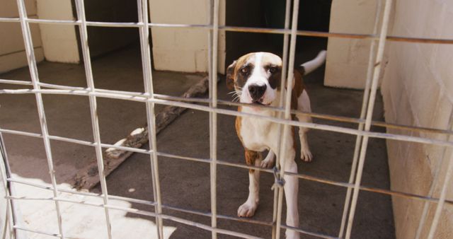 Portrait of white and brown dog standing behind fence in dog shelter - Download Free Stock Photos Pikwizard.com