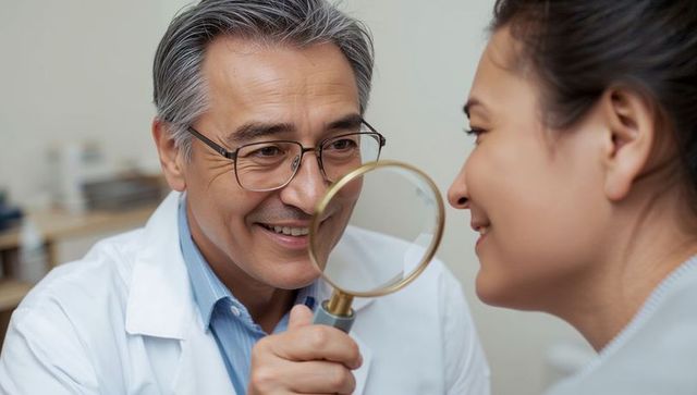 Doctor examining skin with magnifier in clinic