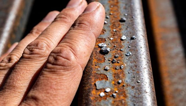 Hand touching rusted steel rail with flaking paint close-up texture rough skin