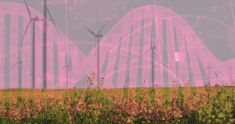 Wind Turbines with DNA Helix Overlay Representing Sustainable Innovation