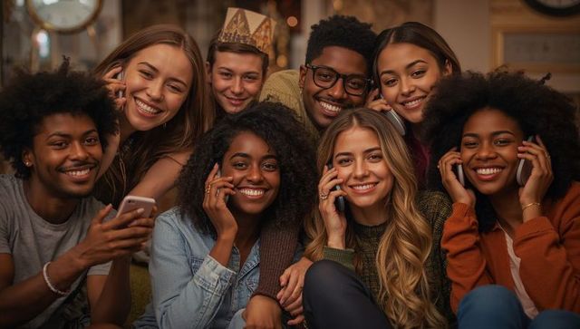 Diverse friends gathering for casual celebration at home smiling and using smartphones