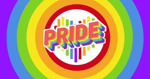 Vibrant Pride Text on Rainbow Circles Background