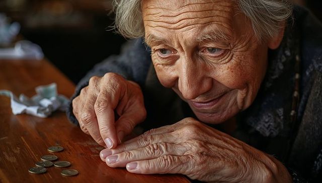 Senior woman counting coins on wooden table expressing frugality, loneliness and resilience