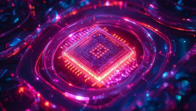 Futuristic neon illuminated microchip on circuit board