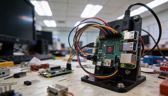 Raspberry pi computer sitting on stand connecting colorful jumper wires at makerspace workbench