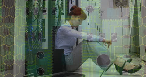Visualization of Data Processing Over Businesswoman in Server Room