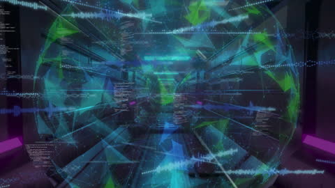 Futuristic Hallway with Digital Globe and Code Interface