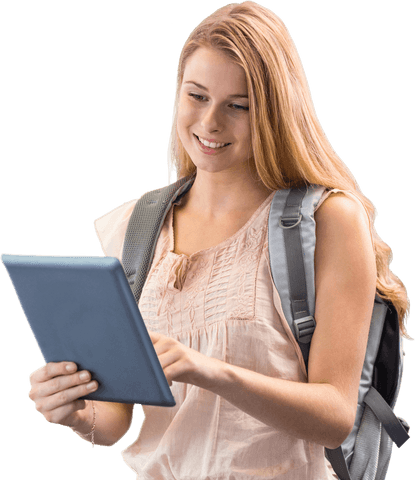smiling young woman with backpack using tablet transparent background - Download Free Stock Videos Pikwizard.com