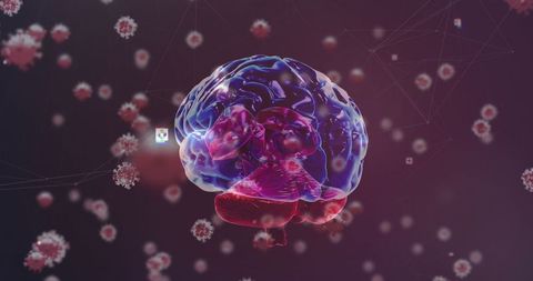 Conceptual Image of Brain Surrounded by COVID-19 Particles