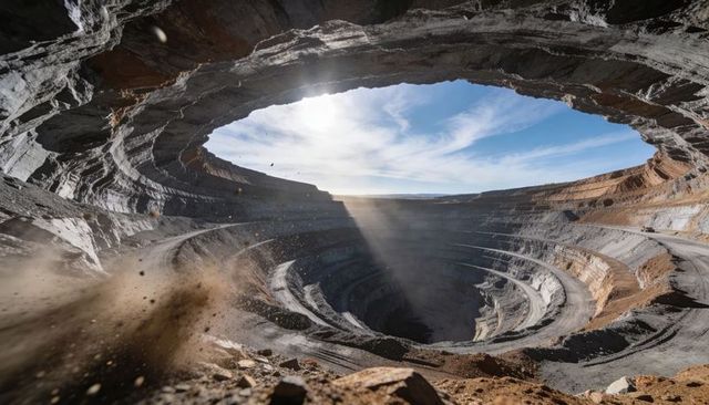 Sunlit circular open pit mine revealing terraced strata and dust plume under overhang
