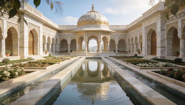 Sunlit mughal marble courtyard with gilded domed pavilion reflecting pool arched colonnade