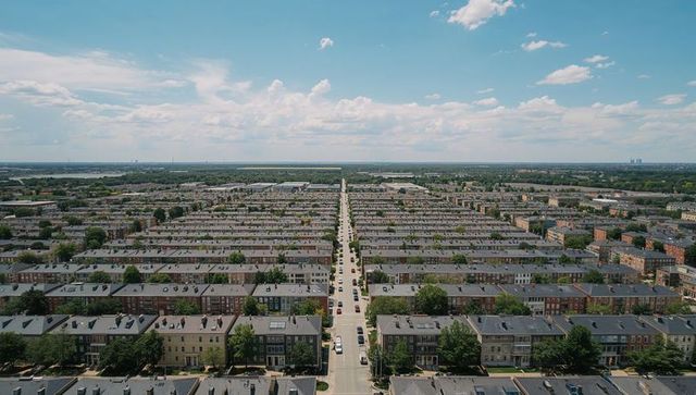 Aerial View of Suburban Townhouses on Tree-Lined Streets