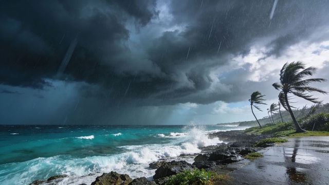 Tropical storm coastline with crashing waves and bending palm trees under dark clouds