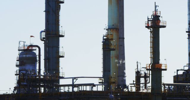 Industrial structures dominate the frame, showcasing the complexity of a petrochemical plant, with copy space. Tall distillation columns and intricate piping highlight the engineering prowess behind modern industrial processes.
