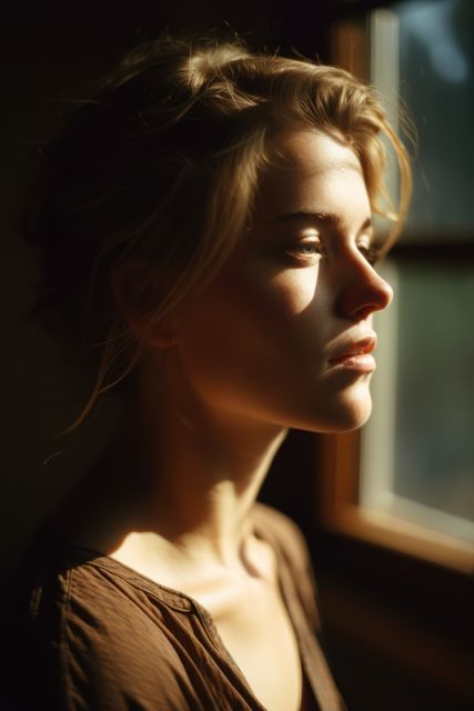 Thoughtful Young Woman Basking in Sunlight Near Window - Download Free Stock Images Pikwizard.com