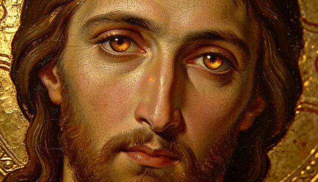 Byzantine christ pantocrator close-up with gilded gold leaf halo, craquelure and warm eyes sacred ic