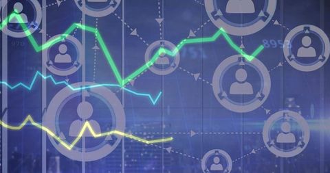 Futuristic network analytics with user nodes, dashed connections and neon trend lines