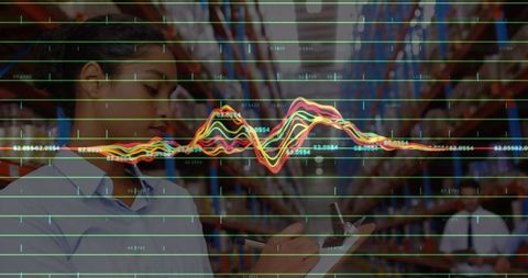 Financial Data Overlay on Team Working in Warehouse