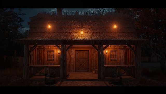 Cozy wood cabin with lantern lighting in forest at night