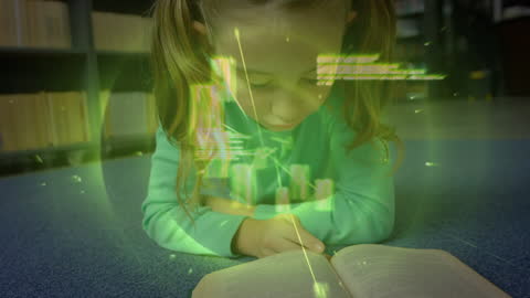 Young Girl Reading Book with Digital Data Visualization Effects