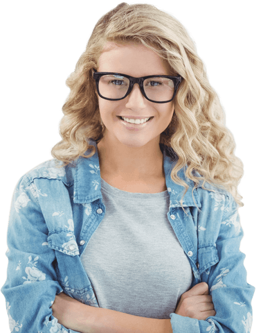 Confident young woman in glasses with transparent background