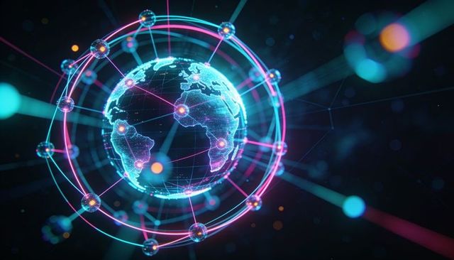 Holographic earth rotating with neon network rings, glowing data nodes and orbiting links