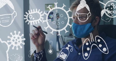 Businessman Analyzing Pandemic Strategy with COVID-19 Icons