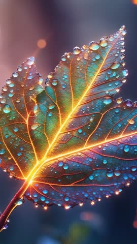 Light shifting focus across dew-dotted leaf veins in vertical macro video