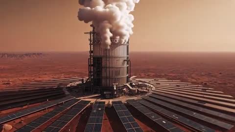 Closing shot showing Martian power tower venting steam among radial solar arrays at dusk