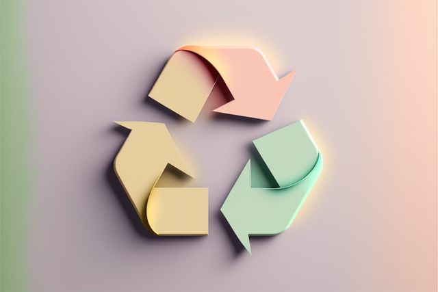 Recycling symbol with pastel colors on colorful background, created using generative ai technology. Recycling and ecology concept digitally generated image.