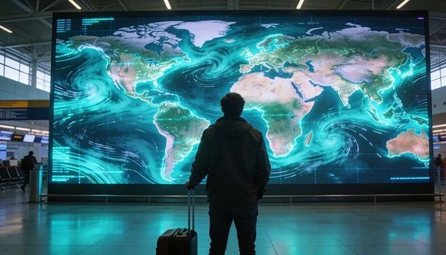 Solo traveler standing before glowing world map display in futuristic airport terminal