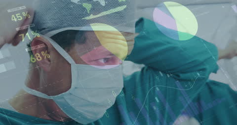 Surgeon Prepares for Surgery Amidst Digital Data Visualization