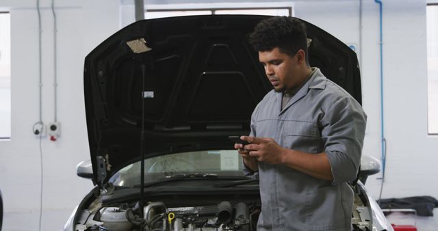 Mechanic Using Smartphone in Auto Repair Shop - Download Free Stock Images Pikwizard.com