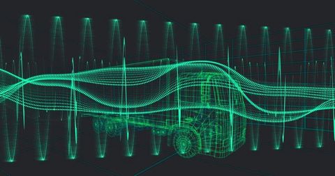 Futuristic Wireframe Truck in Matrix-style Digital Grid