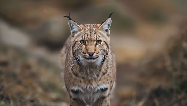 Majestic eurasian lynx walking toward viewer showing tufted ears, spotted tawny fur