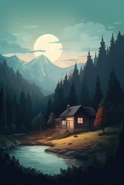 This illustration depicts a serene and tranquil mountainous landscape featuring a cozy cabin nestled by a moonlit river. The serene mood created by the night sky, the full moon, and the softly illuminated cabin makes it ideal for themes of relaxation, peaceful retreat, and natural beauty. This illustration can be used in websites, blogs, and posters promoting outdoor activities, travel escapes, and meditation.
