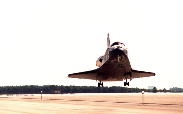 After nine days and 3.6 million miles in space, orbiter Discovery prepares to land on runway 33 at the Shuttle Landing Facility. Discovery returns to Earth with its crew of seven after successfully completing mission STS-95. The STS-95 crew members are Mission Commander Curtis L. Brown Jr.; Pilot Steven W. Lindsey; Mission Specialist Scott E. Parazynski; Mission Specialist Stephen K. Robinson; Payload Specialist John H. Glenn Jr., a senator from Ohio; Mission Specialist Pedro Duque of Spain, with the European Space Agency (ESA); and Payload Specialist Chiaki Mukai, with the National Space Development Agency of Japan (NASDA). The mission included research payloads such as the Spartan solar-observing deployable spacecraft, the Hubble Space Telescope Orbital Systems Test Platform, the International Extreme Ultraviolet Hitchhiker, as well as the SPACEHAB single module with experiments on space flight and the aging process