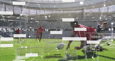 Intense Soccer Action with Player Diving to Ball on Field