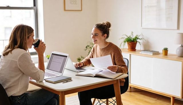 Two women collaborating in bright home office with laptops, documents and coffee cups