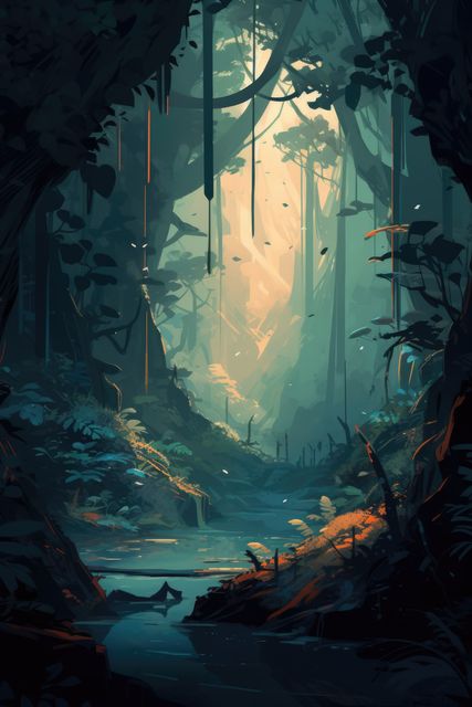 Illustration depicts a dense jungle with vibrant greens and numerous plant species, characterized by various trees, vines, and foliage. Sunlight breaks through the canopy, casting an ethereal glow on the forest floor and water body. This could be used for nature-themed narratives, adventure backgrounds, or conservation advocacy.