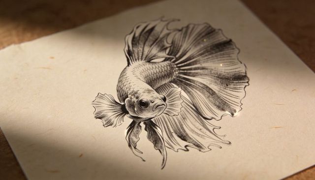 Betta fish ink illustration on textured paper catching warm light showing linework