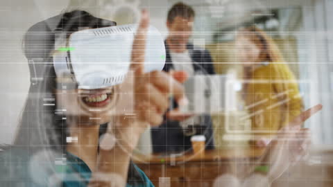 Smiling Woman Experiencing Virtual Reality Among Business Team