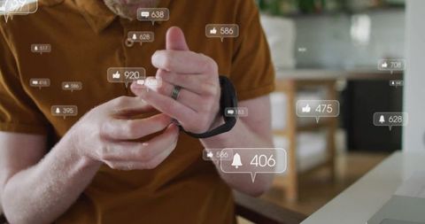 Man adjusting smartwatch with floating notifications in home office