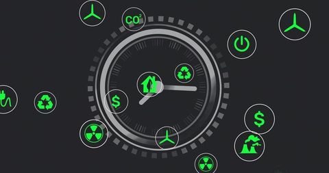Smart gauge dashboard monitoring co2, recycling, cost and renewable energy metrics